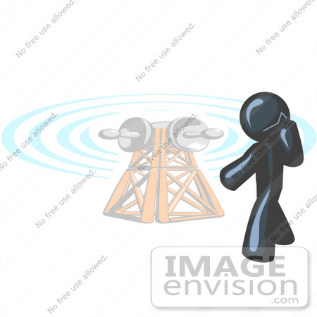 #36838 Clip Art Graphic of a Dark Blue Guy Character by a Tower, Using a Cell Phone by Jester Arts