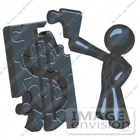 #36887 Clip Art Graphic of a Dark Blue Guy Character Assembling a Financial Puzzle by Jester Arts