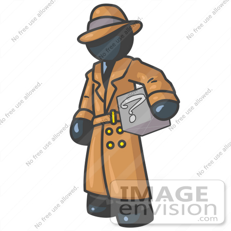 #36893 Clip Art Graphic of a Dark Blue Guy Character Investigator Carrying a Box of Questions by Jester Arts