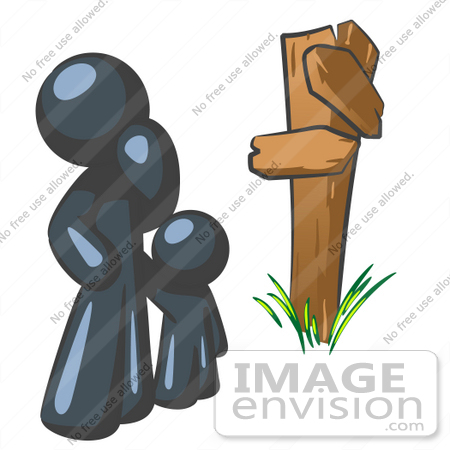 #36912 Clip Art Graphic of a Dark Blue Guy Character and Child at a Crossroads by Jester Arts