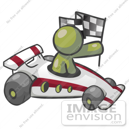 #37031 Clip Art Graphic of an Olive Green Guy Character Racing a Race Car by Jester Arts