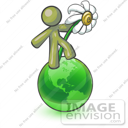 #37053 Clip Art Graphic of an Olive Green Guy Character on a Globe With a Daisy by Jester Arts