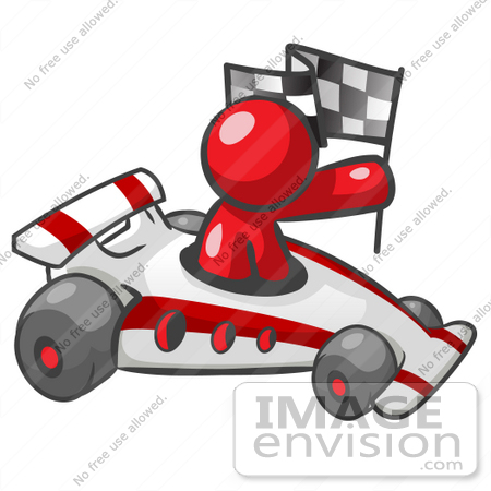 #37338 Clip Art Graphic of a Red Guy Character Driving a Race Car by Jester Arts