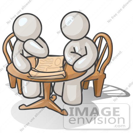 #37434 Clip Art Graphic of White Guy Characters Planning at a Table by Jester Arts