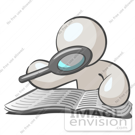 #37475 Clip Art Graphic of a White Guy Character Reading With a Magnifying Glass by Jester Arts