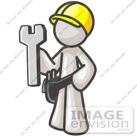 #37512 Clip Art Graphic of a White Guy Character Holding a Spanner Tool by Jester Arts