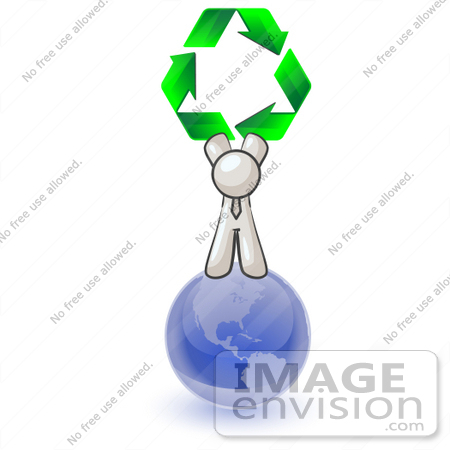 #37584 Clip Art Graphic of a White Guy Character on a Globe, Holding Recycle Arrows by Jester Arts