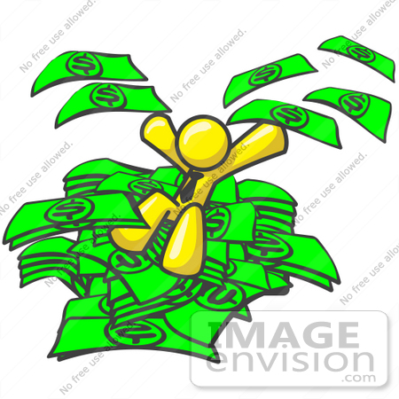 #37805 Clip Art Graphic of a Yellow Guy Character Jumping Into a Pile of Cash by Jester Arts