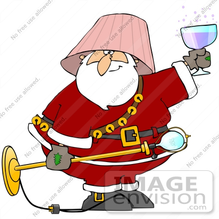 #38113 Clip Art Graphic of a Drunk Santa Claus Wearing A Lamp Shade And Holding A Glass Of Wine by DJArt