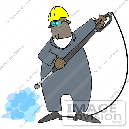 #38117 Clip Art Graphic of an African American Man Spraying a Ground With a Pressure Washer by DJArt