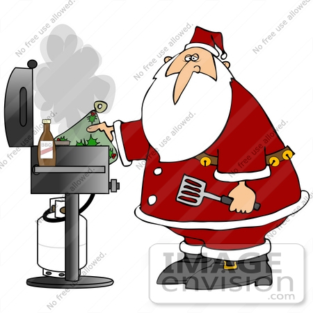 #38124 Clip Art Graphic of Santa Claus Grilling on the BBQ by DJArt