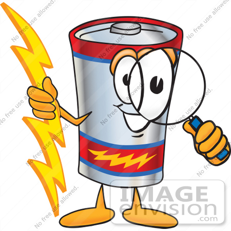 #38146 Clip Art Graphic of a Battery Mascot Character Holding A Bolt Of Energy And Looking Through A Magnifying Glass by toons4biz