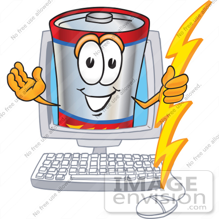 #38149 Clip Art Graphic of a Battery Mascot Character Holding A Bolt Of Energy And Waving In A Computer Screen by toons4biz