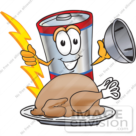 #38151 Clip Art Graphic of a Battery Mascot Character Serving a Thanksgiving Turkey on a Platter by toons4biz