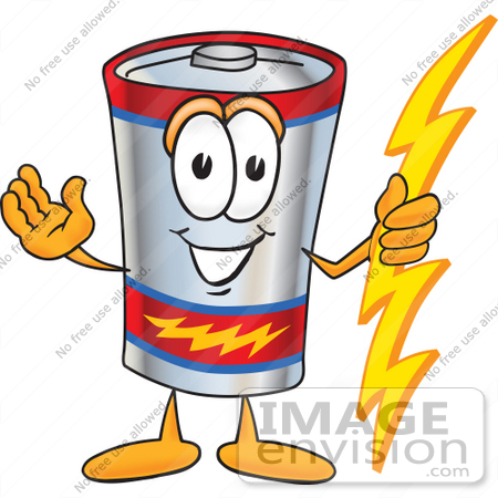 #38152 Clip Art Graphic of a Battery Mascot Character Holding A Bolt Of Energy And Welcoming by toons4biz