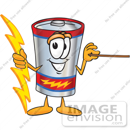 #38167 Clip Art Graphic of a Battery Mascot Character Holding A Bolt Of Energy And A Pointer Stick by toons4biz