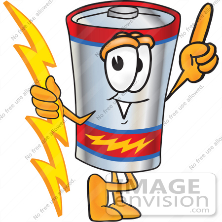 #38171 Clip Art Graphic of a Battery Mascot Character Holding A Bolt Of Energy And Pointing Upwards by toons4biz