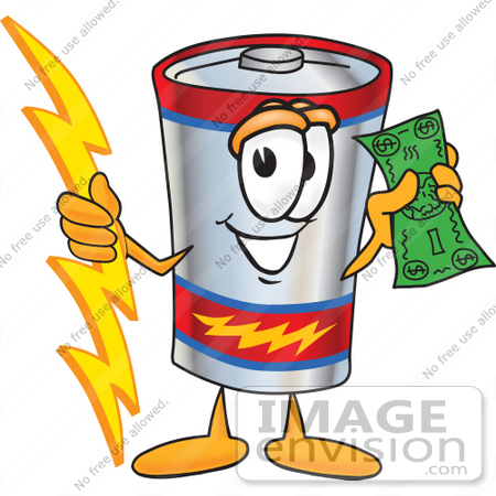 #38172 Clip Art Graphic of a Battery Mascot Character Holding A Bolt Of Energy And A Green Dollar Bill by toons4biz