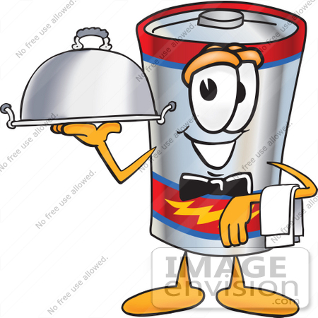 #38173 Clip Art Graphic of a Battery Mascot Character Dressed as a Waiter and Holding a Serving Platter by toons4biz