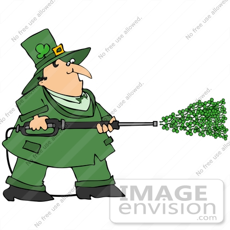 #38904 Clip Art Graphic of a Leprechaun Power Washing With Clovers by DJArt