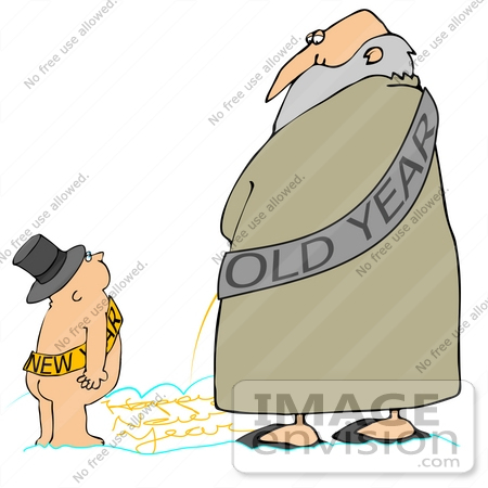 #39726 Clip Art Graphic of an Old Year Man Looking Down at a New Year Baby While Writing With His Urine by DJArt