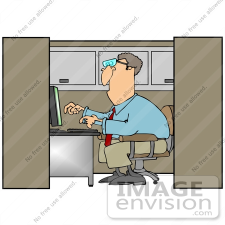 #40681 Clip Art Graphic of a Male Caucasian Office Worker Using a Computer in a Cubicle by DJArt