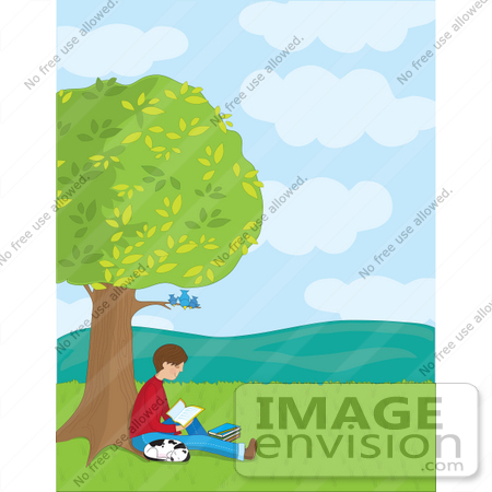 #40715 Clip Art Graphic of a Caucasian Boy Seated Under a Tree With His Dog, Reading a Book, Birds Looking Down by Maria Bell