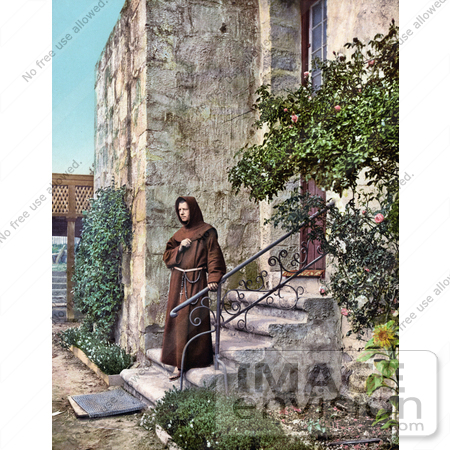 #40890 Stock Photo of a Monk, Brother Odoricus Standing Outside On The Steps Of Mission Santa Barbara, California by JVPD
