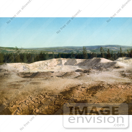 #41051 Stock Photo Of The Paint Pot And A Line Of Evergreen Trees At Yellowstone National Park, Wyoming by JVPD