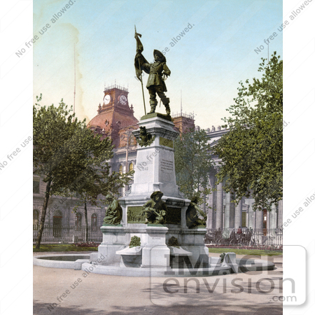 #41109 Stock Photo Of The Statue Of Paul Chomedey Created By Artist Louis-Philippe Hebert With Lambert Closse And His Dog On The Base, In Place D’armes In Montreal, Quebec, Canada by JVPD