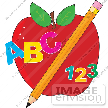 #41150 Clip Art Graphic of ABC and 123 With a Pencil in Front of an Apple by Maria Bell