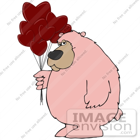 #41181 Clip Art Graphic of a Pink Valentine’s Day Bear With Heart Balloons by DJArt