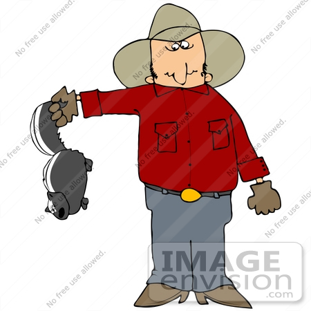#41182 Clip Art Graphic of a Cowboy Holding A Pesky Skunk By The Tail by DJArt