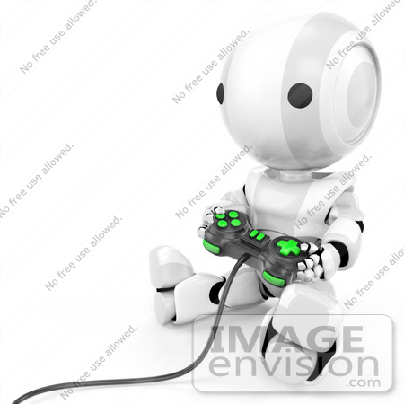 #41215 Clip Art Graphic of a 3d White Robot Using a Controller to Play a Video Game by Jester Arts