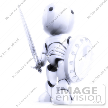 #41219 Clip Art Graphic of a 3D White Robot With a Sword and Shield by Jester Arts