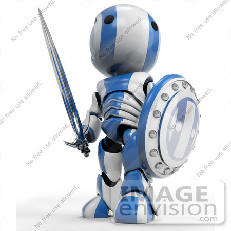 #41221 Clip Art Graphic of a 3D Blue And White Robot Looking Up And Away While Standing With With A Sword And Shield by Jester Arts
