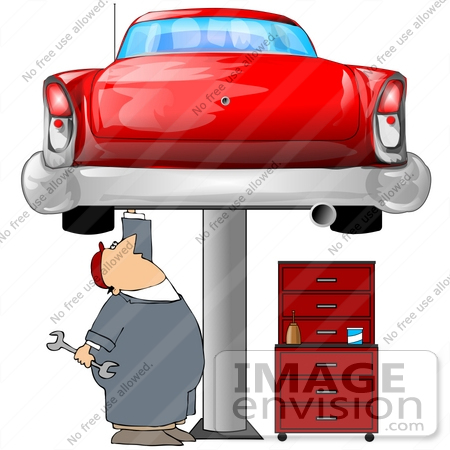 #41259 Clip Art Graphic of a Caucasian Male Auto Mechanic Under A Red Classic Car Up On A Lift In A Garage by DJArt