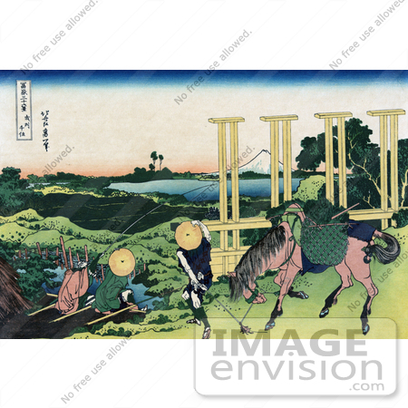 #41278 Stock Illustration of Two People Fishing At A Weir In Senju, Musa, And One Person And Horse Transporting Rice Seedlings, Rice Paddies And Mount Fuji In The Distance by JVPD
