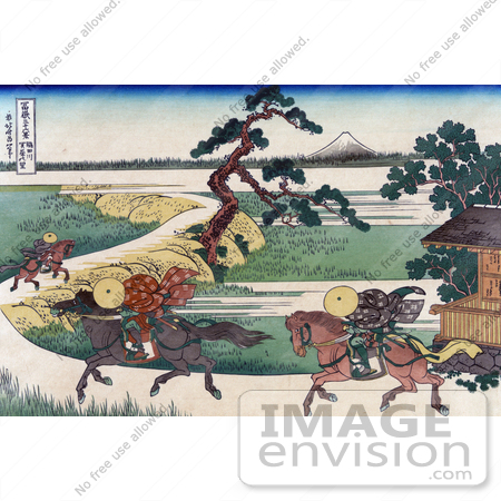 #41284 Stock Illustration of Three People On Horseback, Galloping Along The Sumida River, With Mount Fuji In The Distance by JVPD