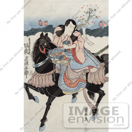 #41291 Stock Illustration of Bando Mitsugoro, A Japanese Actor, Riding A Black Horse While Playing The Role Of Satsumanokami Tadanori by JVPD