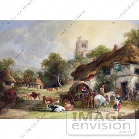 #41307 Stock Illustration of Cattle, Horses, People And Carriages At The Swan Inn Of A Village, With A Castle In The Background by JVPD