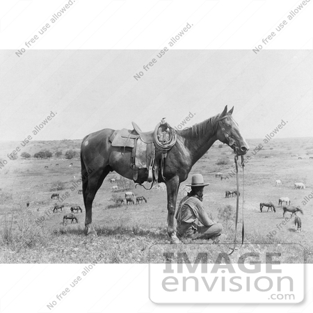 #41310 Stock Photo of a Cowboy Seated In Front Of His Saddled Horse On A Hill, Overlooking Horses In Bonham, Texas, 1910 by JVPD