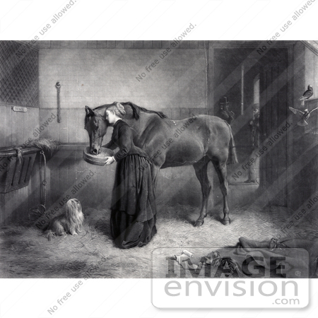 #41315 Stock Illustration of a Woman Reeding And Leaning Against A Horse While A Dog Watches And A Kitten Plays, A Man Standing In The Background by JVPD