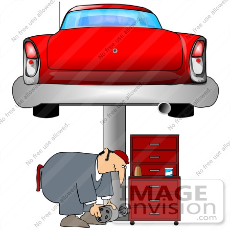 #41349 Clip Art Graphic of a Man Bending Over While Working Under A Car In A Garage by DJArt