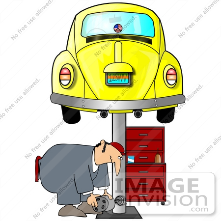 #41351 Clip Art Graphic of a Mechanic Working Under A Yellow Slug Bug VW Car On A Lift In A Garage by DJArt