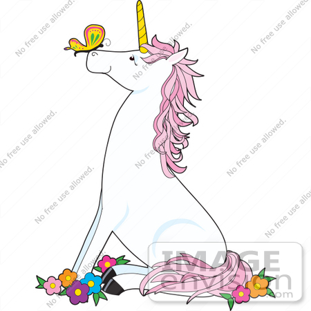 #41355 Clip Art Graphic of a Pink And White Unicorn Sitting In Flowers, A Butterfly On Its Nose by Maria Bell