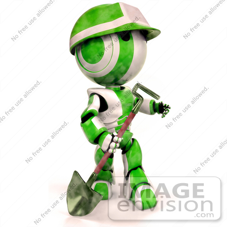 #41356 Clip Art Graphic of a 3d Green AO-Maru Robot Working In A Construction Zone With A Shovel by Jester Arts