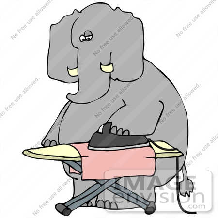 #41429 Clip Art Graphic of a Dry Cleaning Elephant Ironing A Cloth by DJArt