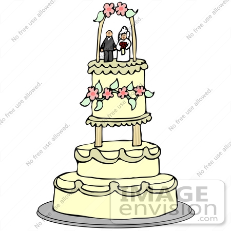 #41430 Clip Art Graphic of a Three Tiered Wedding Cake Adorned With Pink Flowers And A Bride And Groom Topper by DJArt