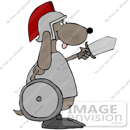 #41644 Clip Art Graphic of a Brown Pooch Warrior With a Shield and Sword by DJArt